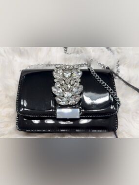 Rachel Zoe Black Patent Clutch with Crystal Brooch Accent
